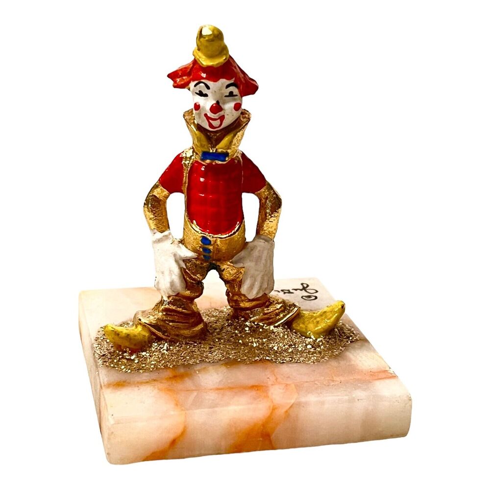 VTG Signed JuDi Originals CIRCUS CLOWN FIGURINE 24k Gold on Marble Onyx Base 3"